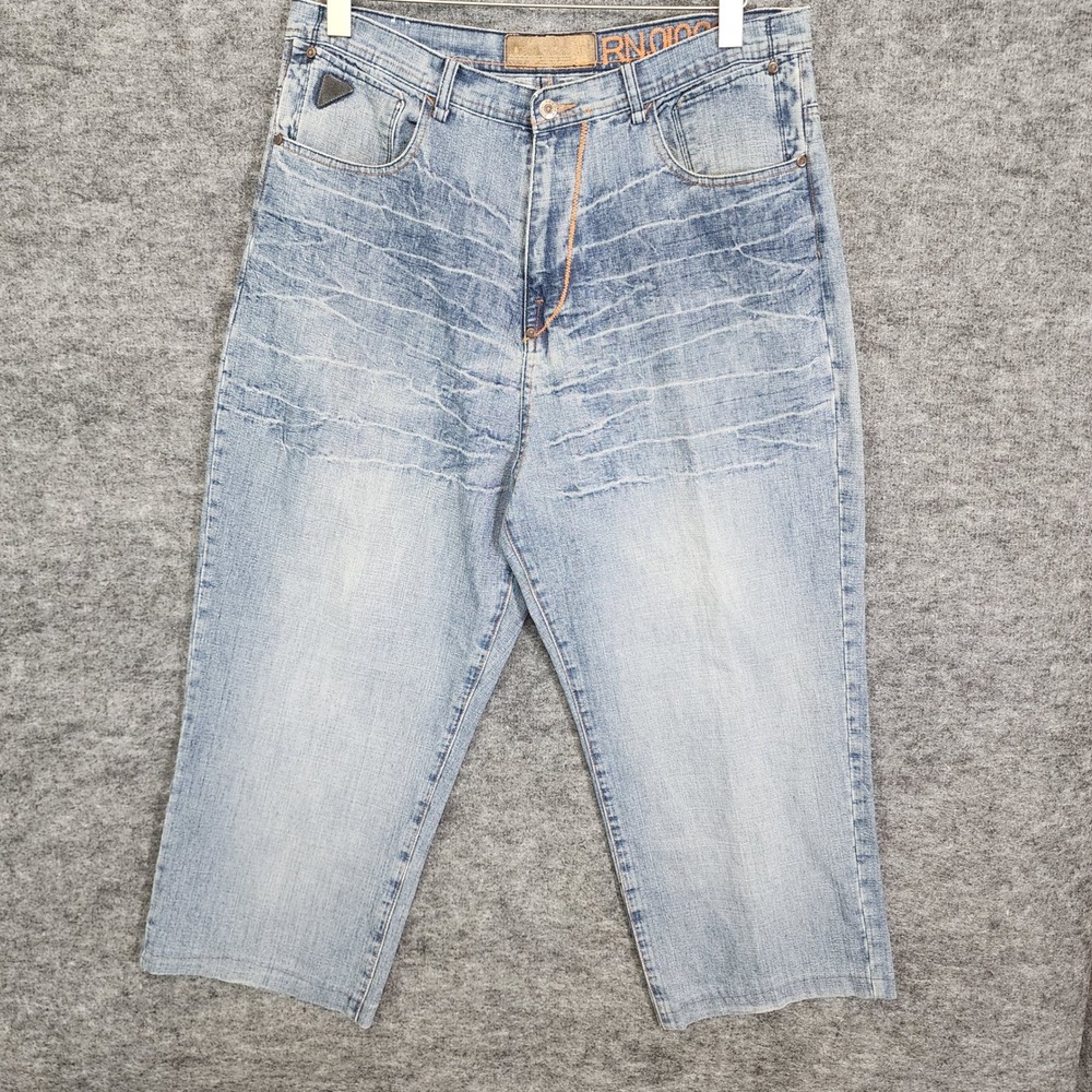 VTG AKADEMIKS Jeans Mens Size 36X24 Blue Denim Baggy Hip Hop‎ Y2K (ALTERED HEM)